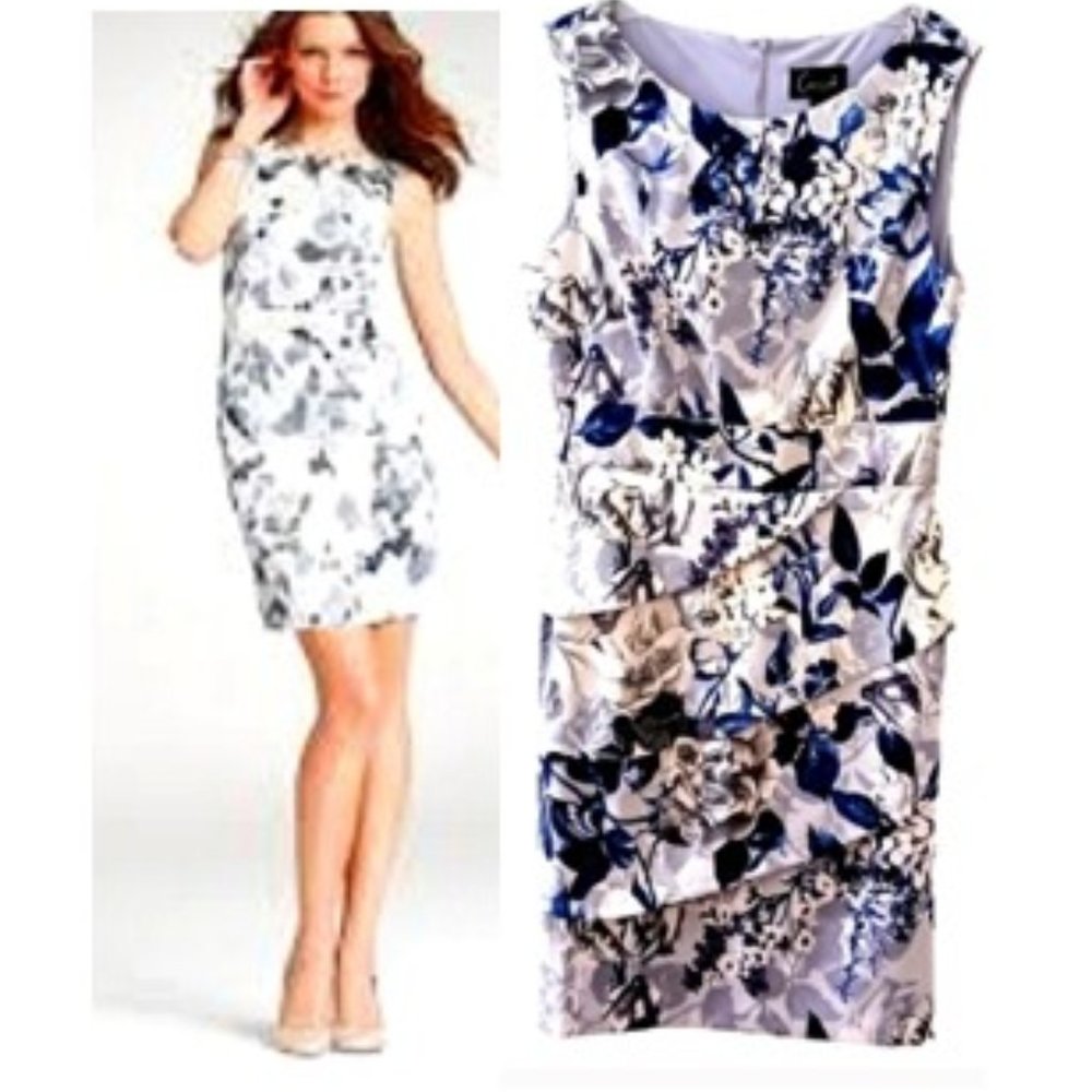 Connected Apparel Dress Sz 10 Sleeveless Tiered FLORAL Hydrangias Lt Gray Blue
